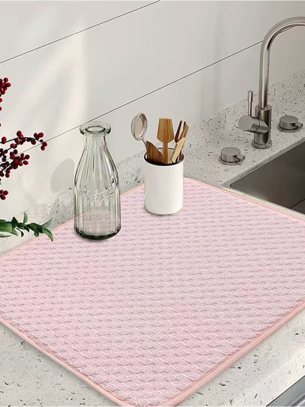 Pink Textured Kitchen Drying Mat